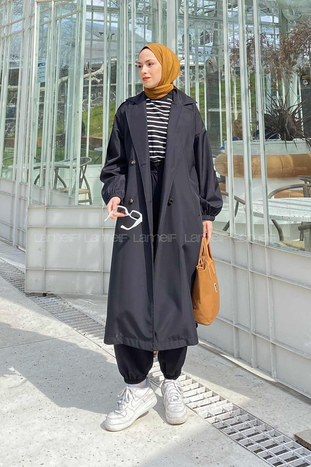 Black Long Arm Belted Buttoned Cotton Viscose Fabric Trench Coat