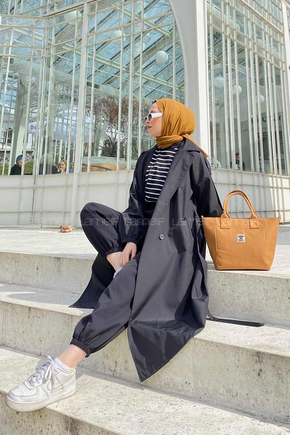 Black Long Arm Belted Buttoned Cotton Viscose Fabric Trench Coat