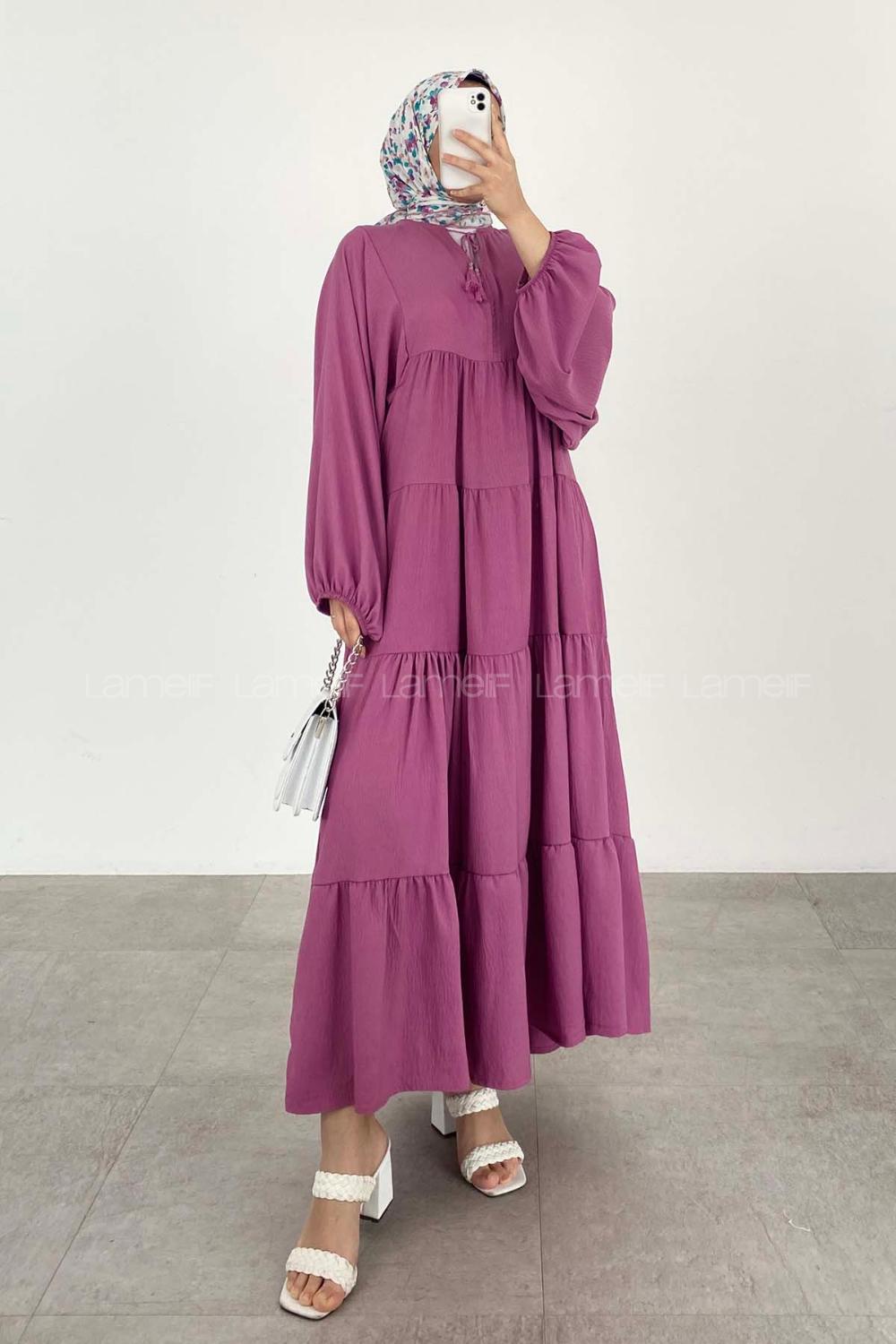 Lamelif Yaka Bağlamalı Katlı Elbise Açık Mor