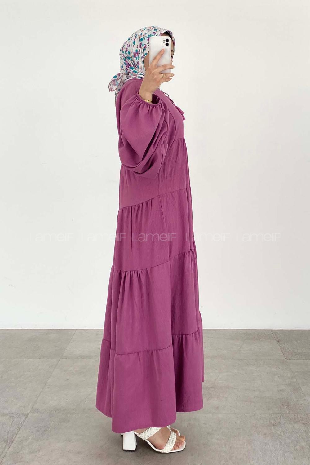 Lamelif Yaka Bağlamalı Katlı Elbise Açık Mor