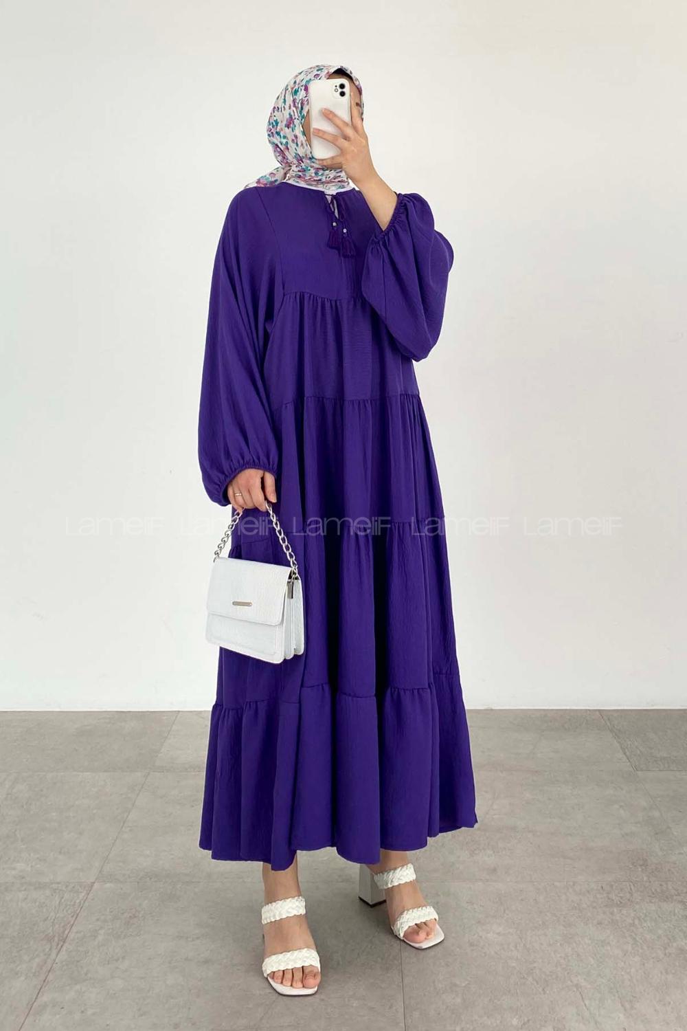 Purble Medium Crew Neck Cotton Fabric Ayrobin Unprinted Dresess