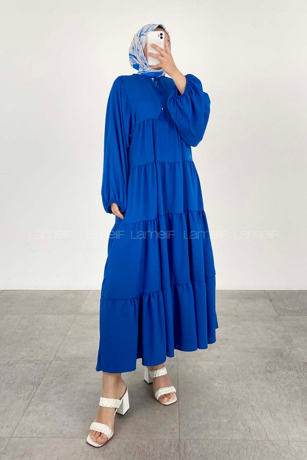 Lamelif Yaka Bağlamalı Katlı Elbise Saks Mavisi