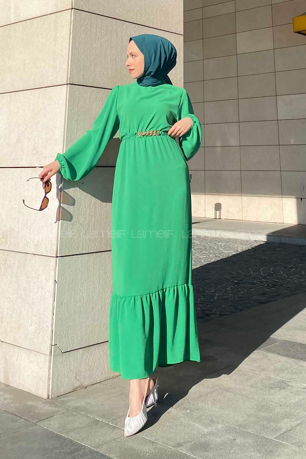 Green Medium Crew Neck Cotton Fabric Unprinted Dresess