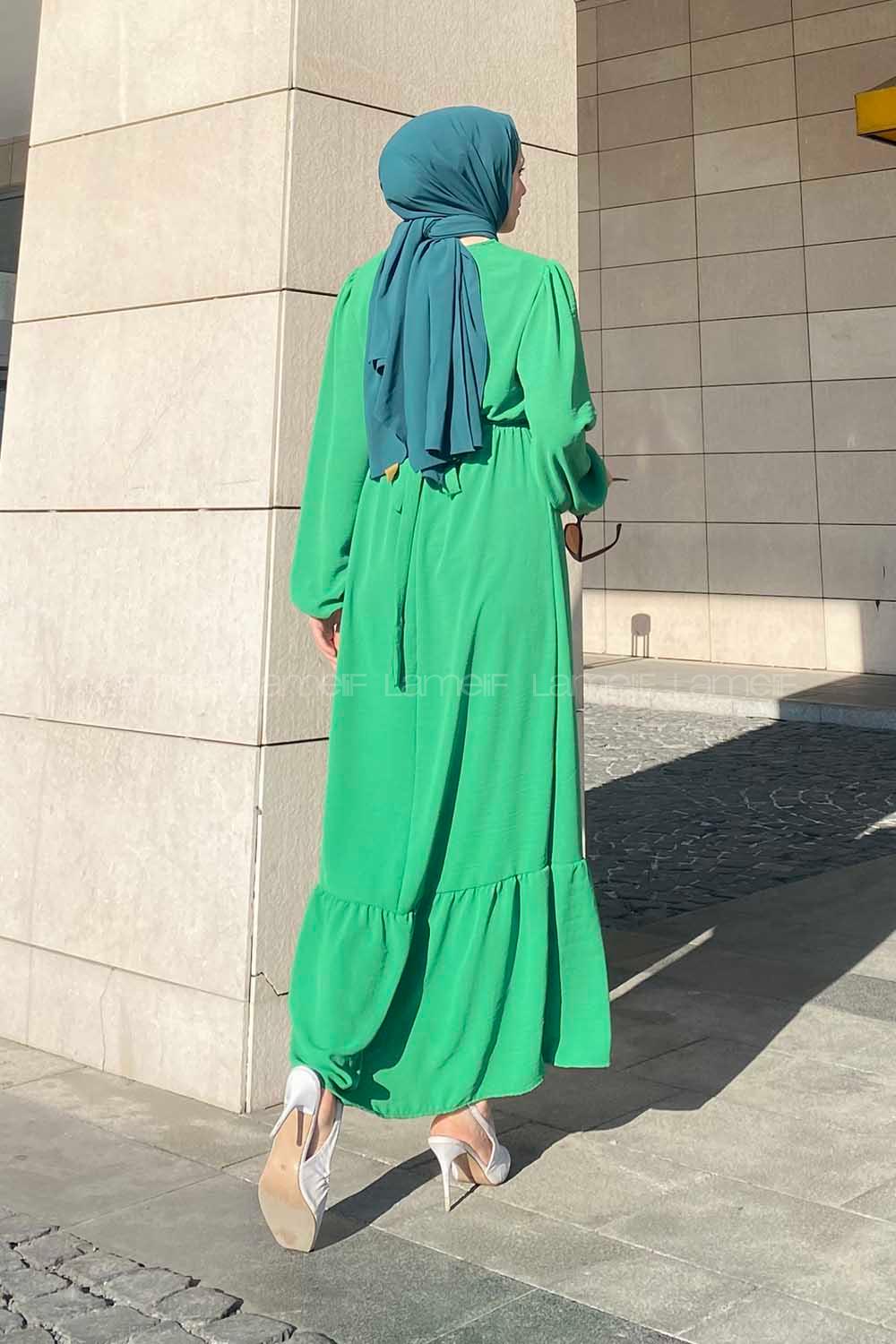 Green Medium Crew Neck Cotton Fabric Unprinted Dresess