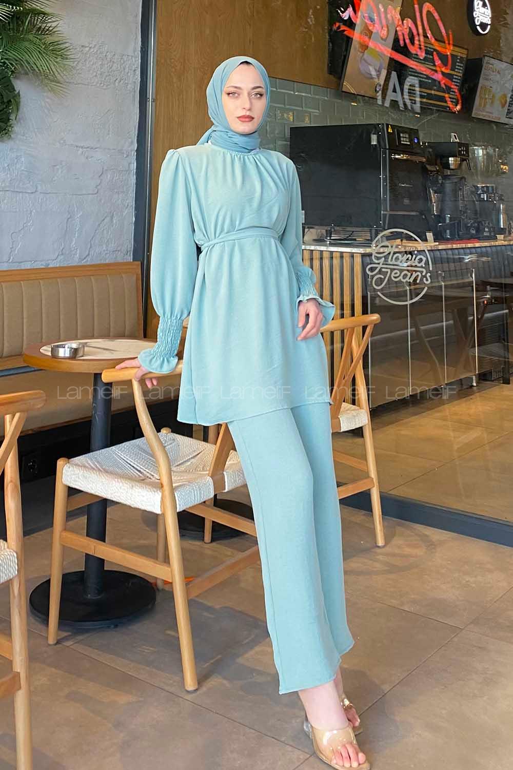 Mint Green Crew Neck Long Arm Belted Cotton Fabric Trousers Suit