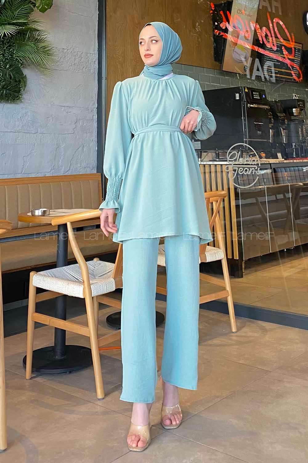 Mint Green Crew Neck Long Arm Belted Cotton Fabric Trousers Suit