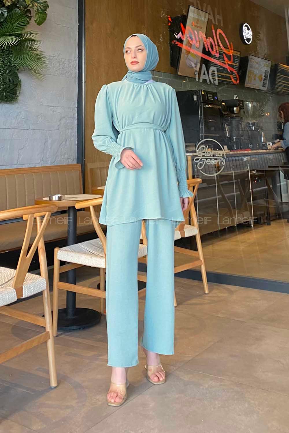 Mint Green Crew Neck Long Arm Belted Cotton Fabric Trousers Suit