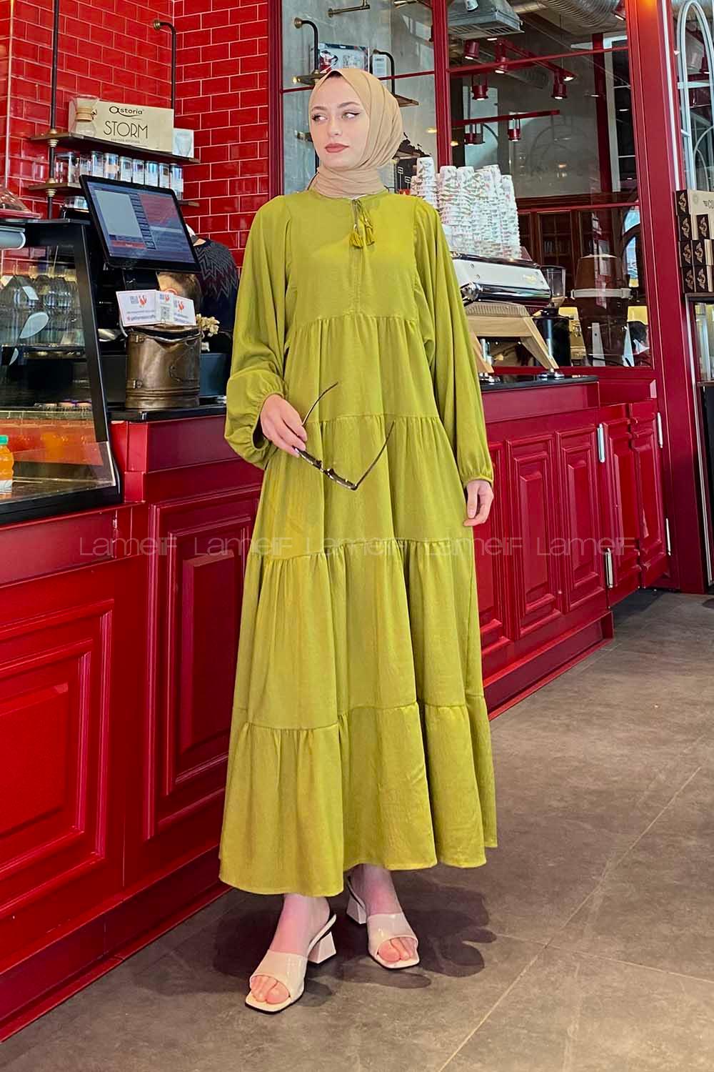 Lamelif Yaka Bağlamalı Katlı Elbise Fıstık Yeşili