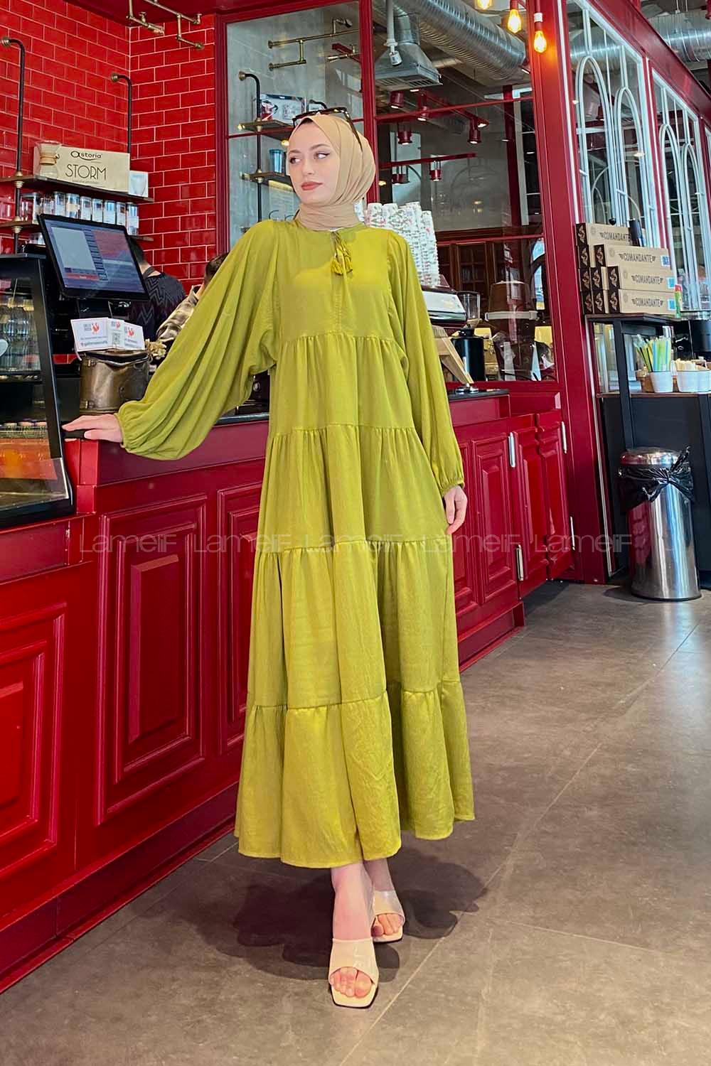 Lamelif Yaka Bağlamalı Katlı Elbise Fıstık Yeşili