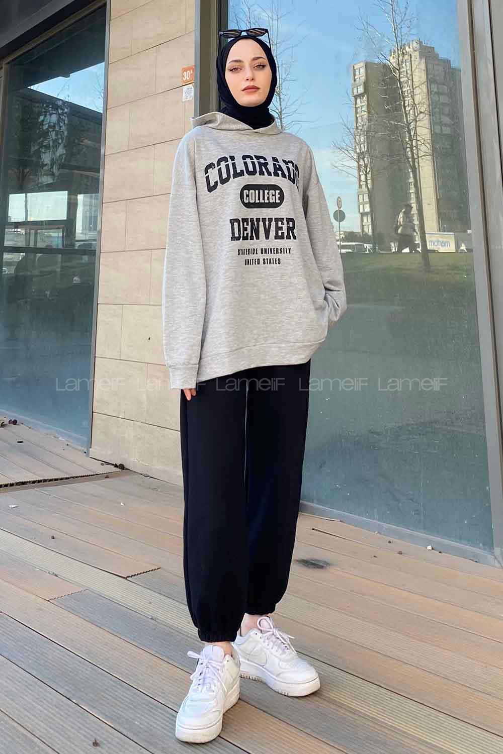 Lamelif Colorado Baskı Detaylı Kapüşonlu Sweatshirt Gri