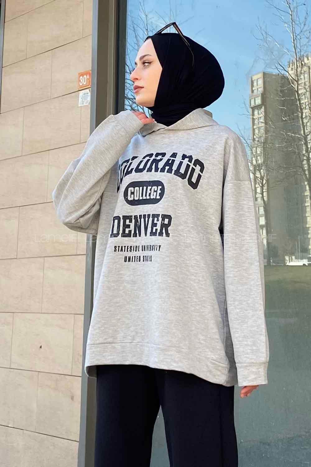 Lamelif Colorado Baskı Detaylı Kapüşonlu Sweatshirt Gri