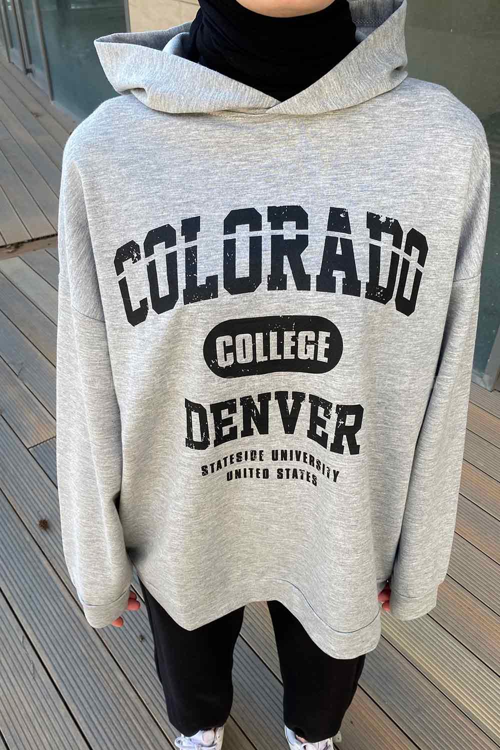 Lamelif Colorado Baskı Detaylı Kapüşonlu Sweatshirt Gri