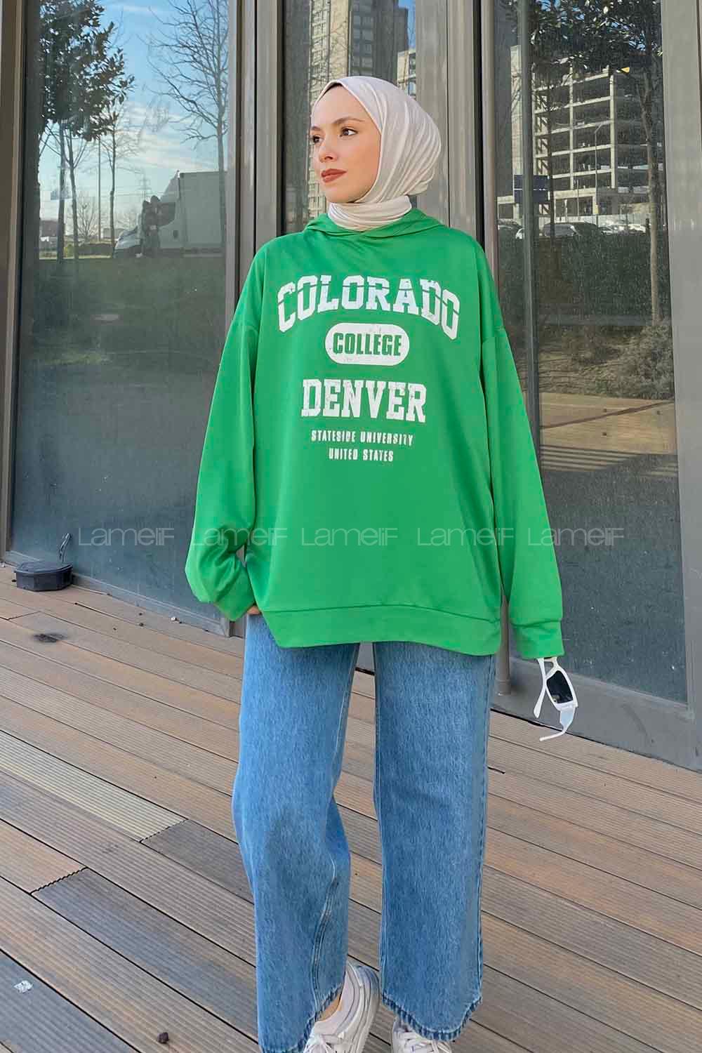 Lamelif Colorado Baskı Detaylı Kapüşonlu Sweatshirt Yeşil