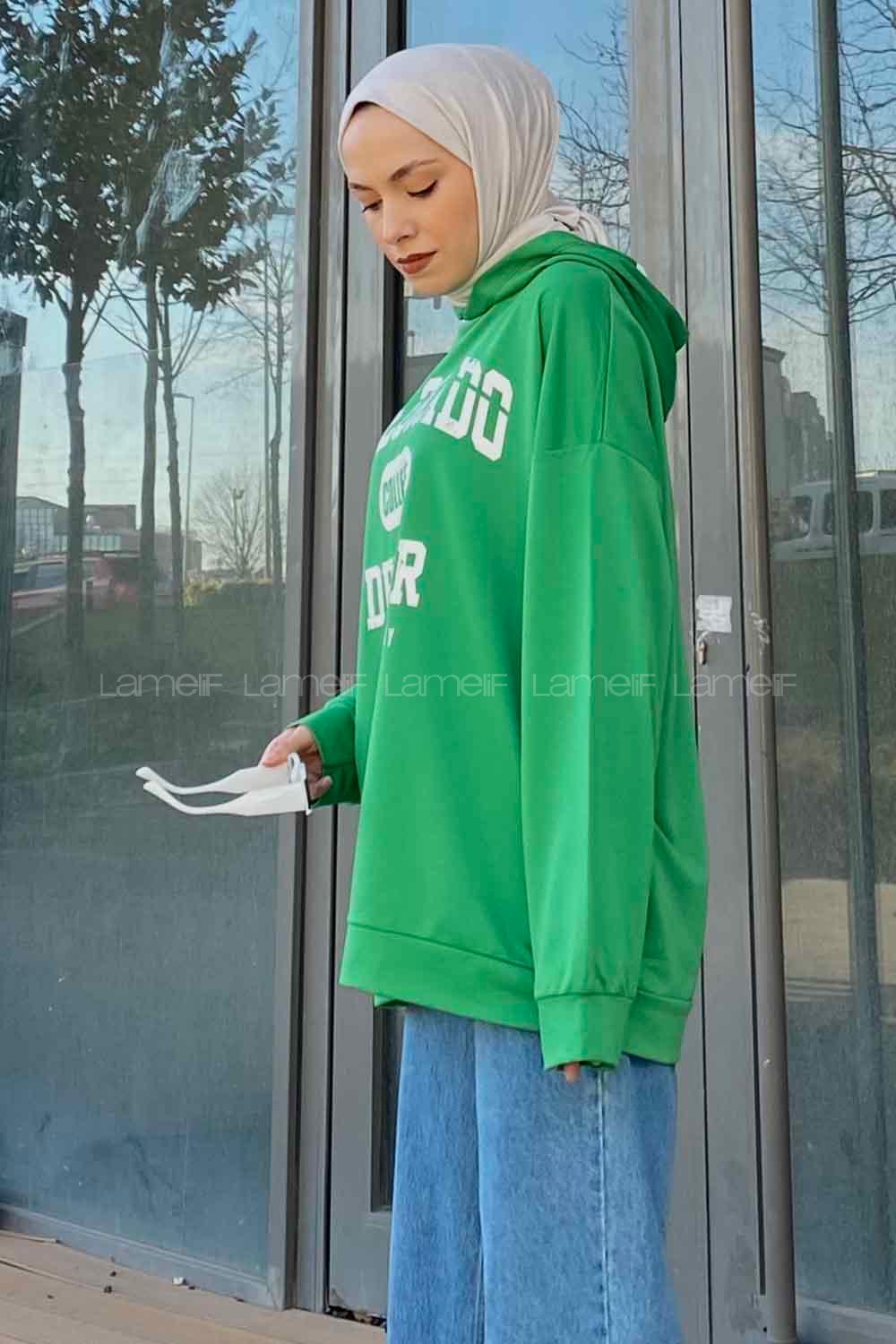 Lamelif Colorado Baskı Detaylı Kapüşonlu Sweatshirt Yeşil