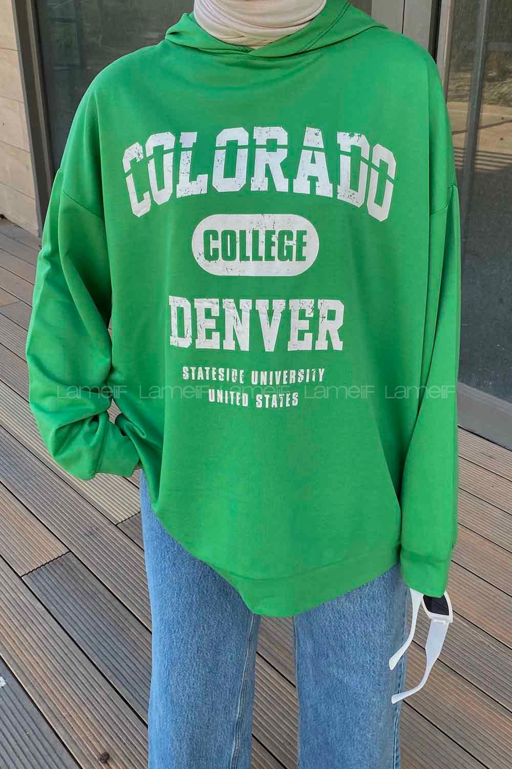 Lamelif Colorado Baskı Detaylı Kapüşonlu Sweatshirt Yeşil