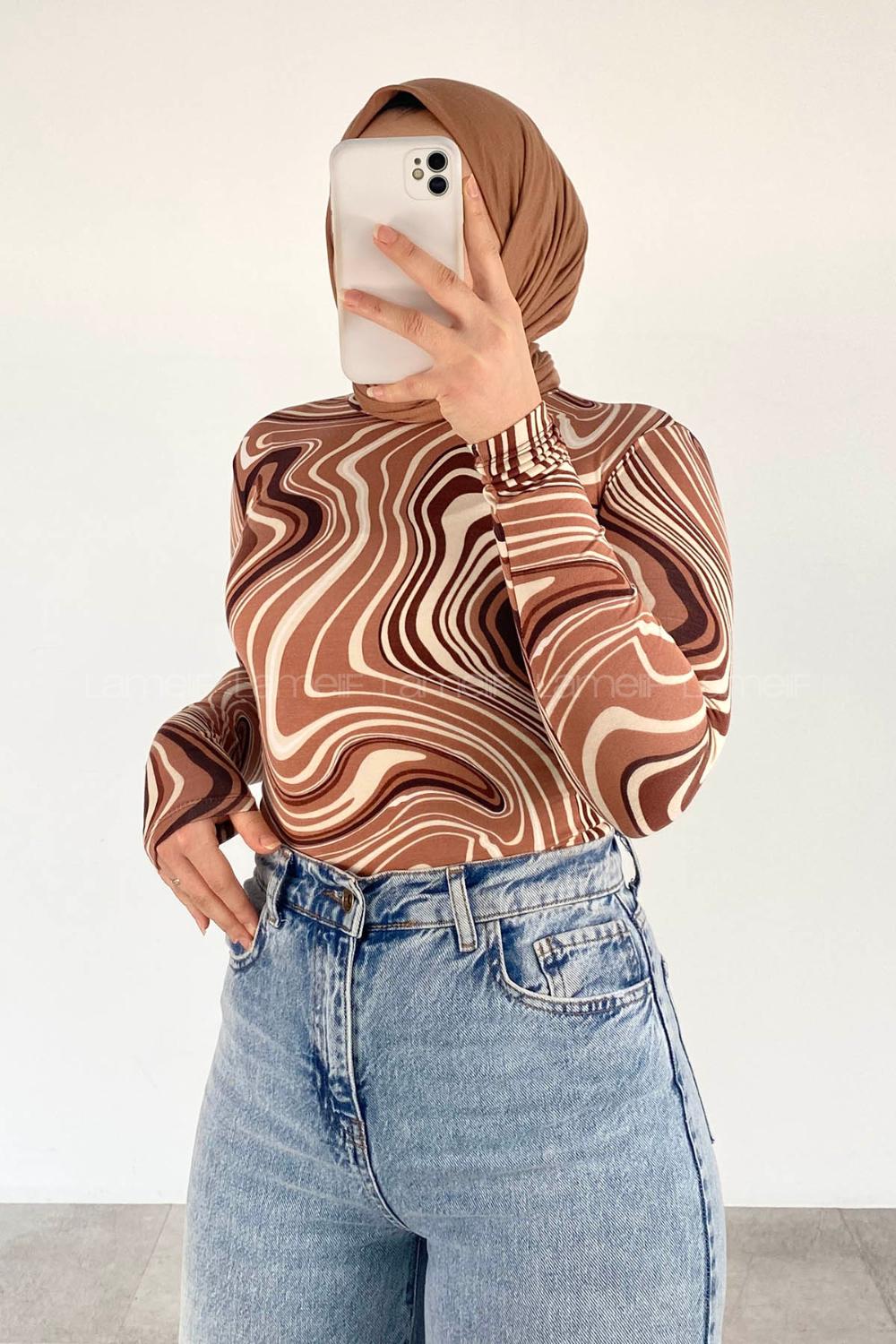 Lamelif Yarım Balıkçı Yaka Soyut Desen Body Kahve