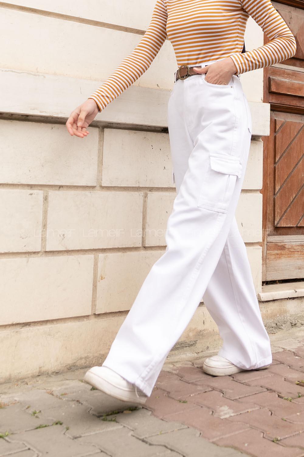 White Denim High Waist Cargo Pants