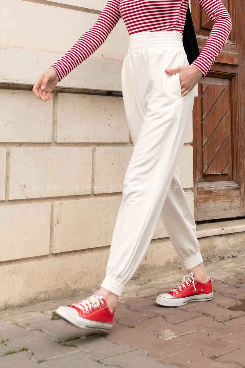White Regular Trousers Elastic Waist Regular Cut Bottom Tracksuit