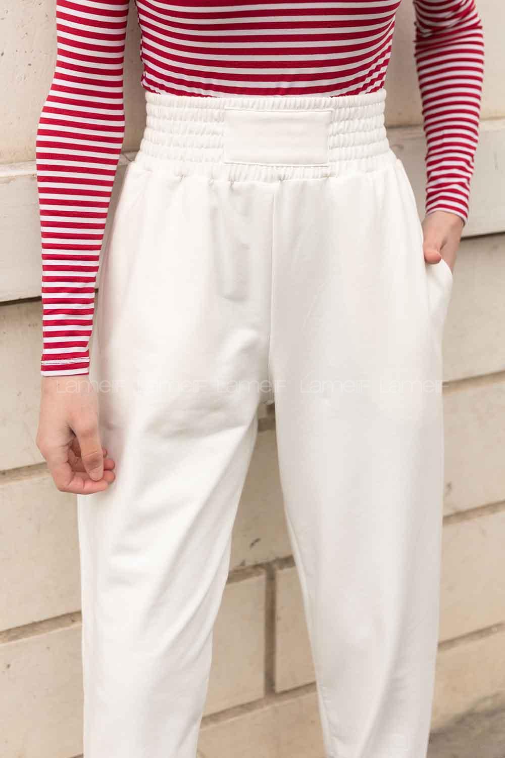 White Regular Trousers Elastic Waist Regular Cut Bottom Tracksuit
