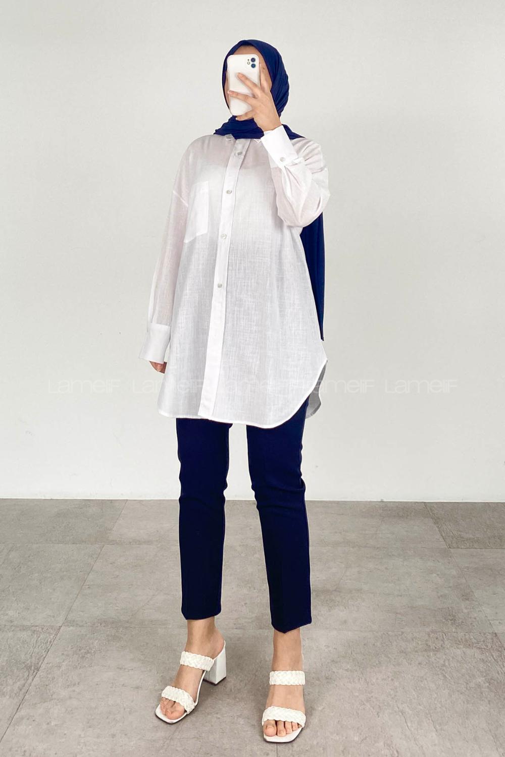 Lamelif Önü Düğmeli Keten Tunik Beyaz