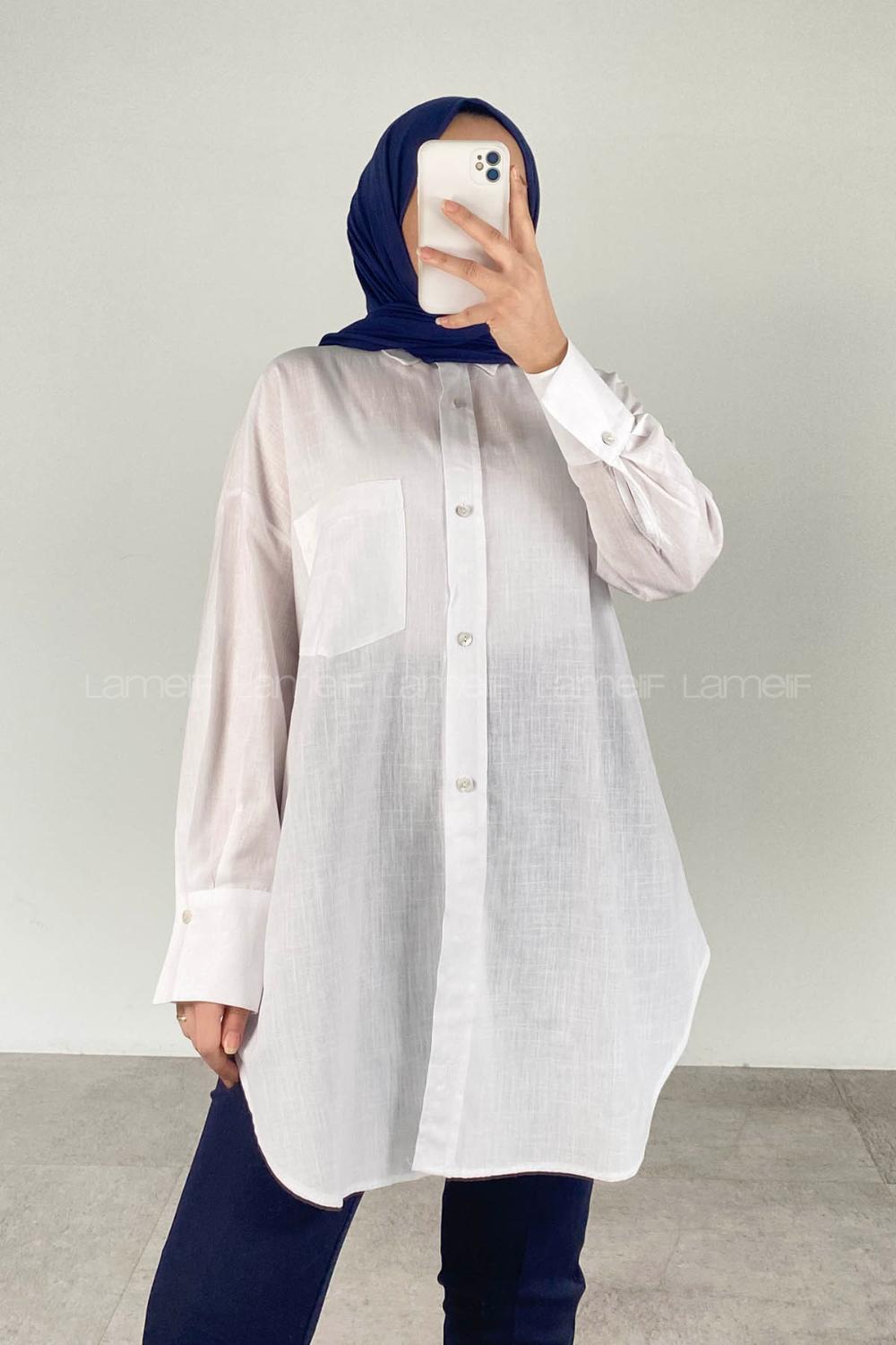 Lamelif Önü Düğmeli Keten Tunik Beyaz