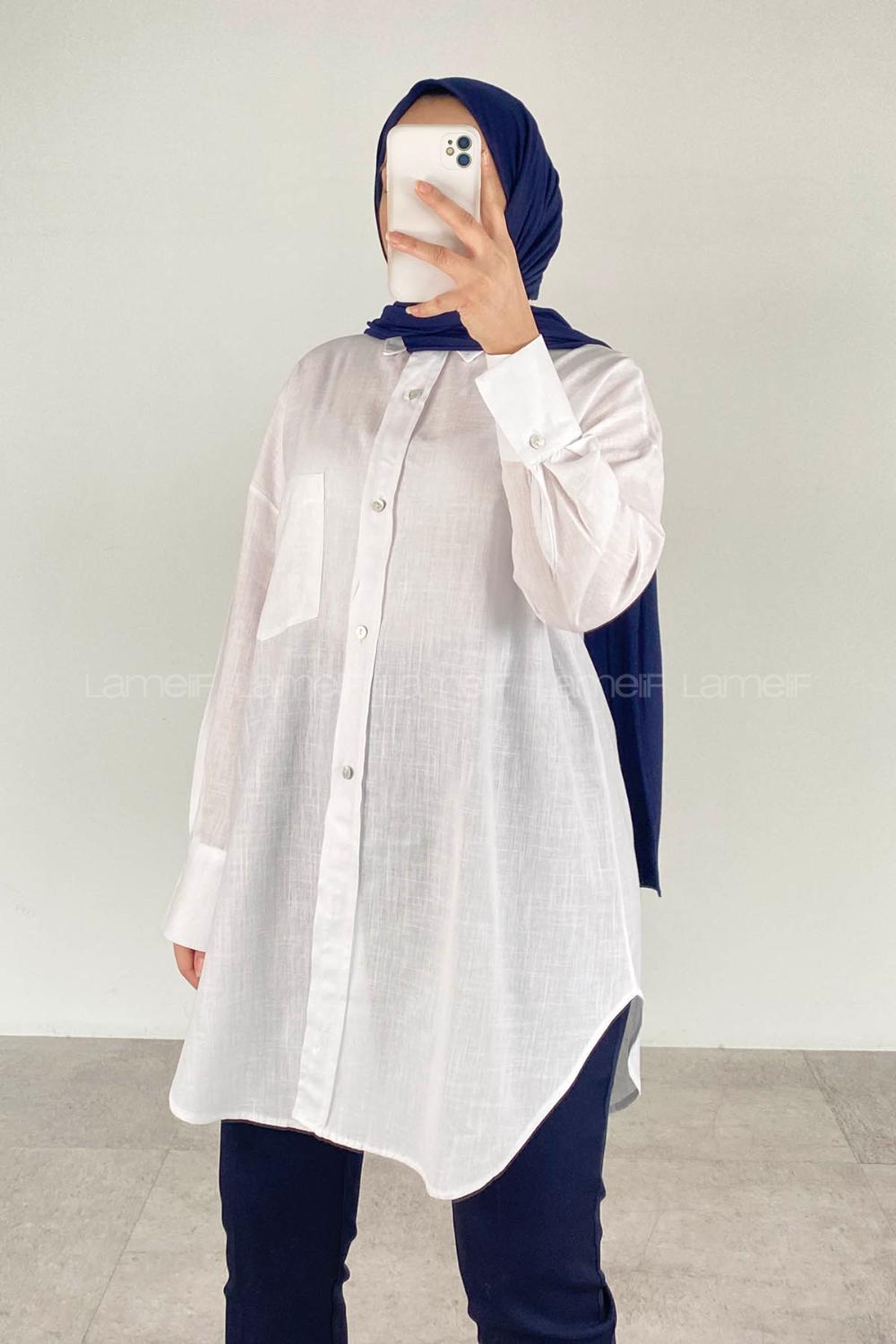 Lamelif Önü Düğmeli Keten Tunik Beyaz