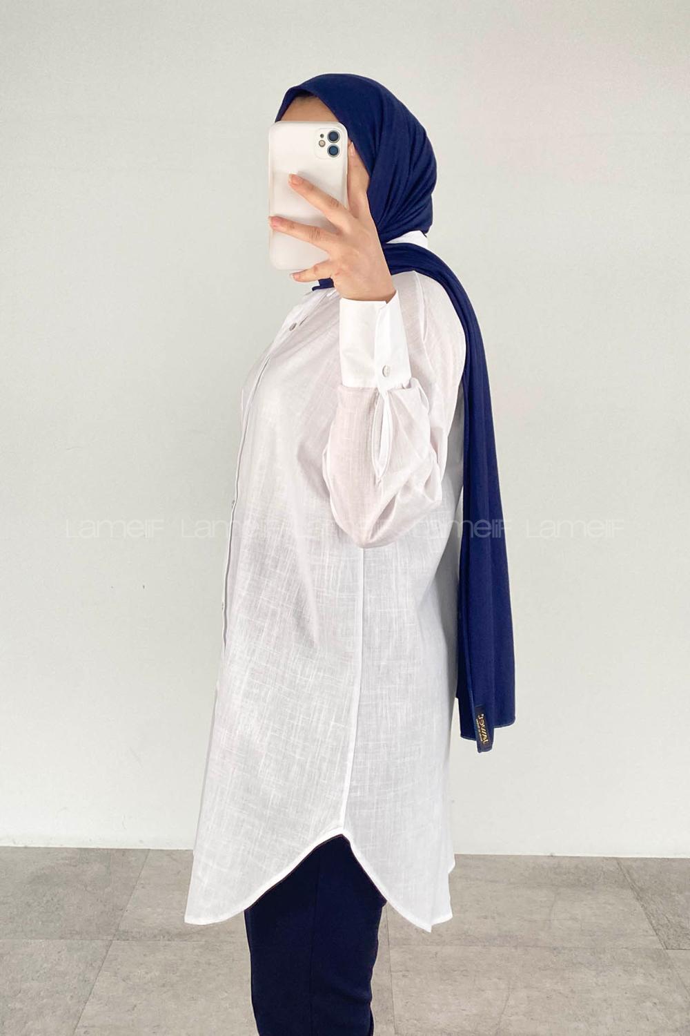 Lamelif Önü Düğmeli Keten Tunik Beyaz