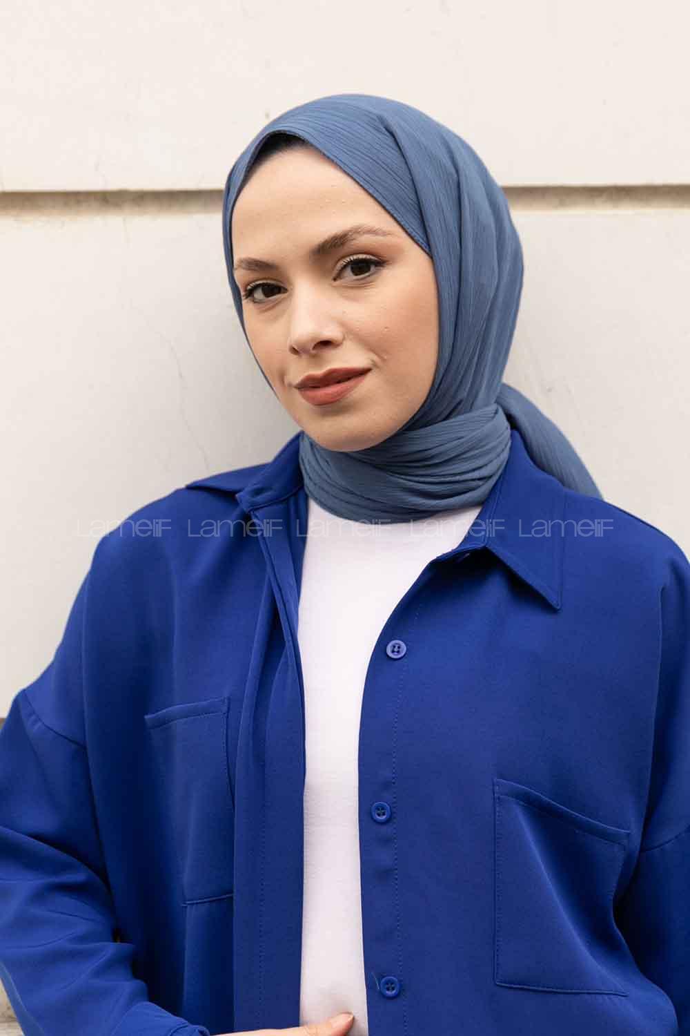 Denim Blue Cotton Fabric Striped Shawl