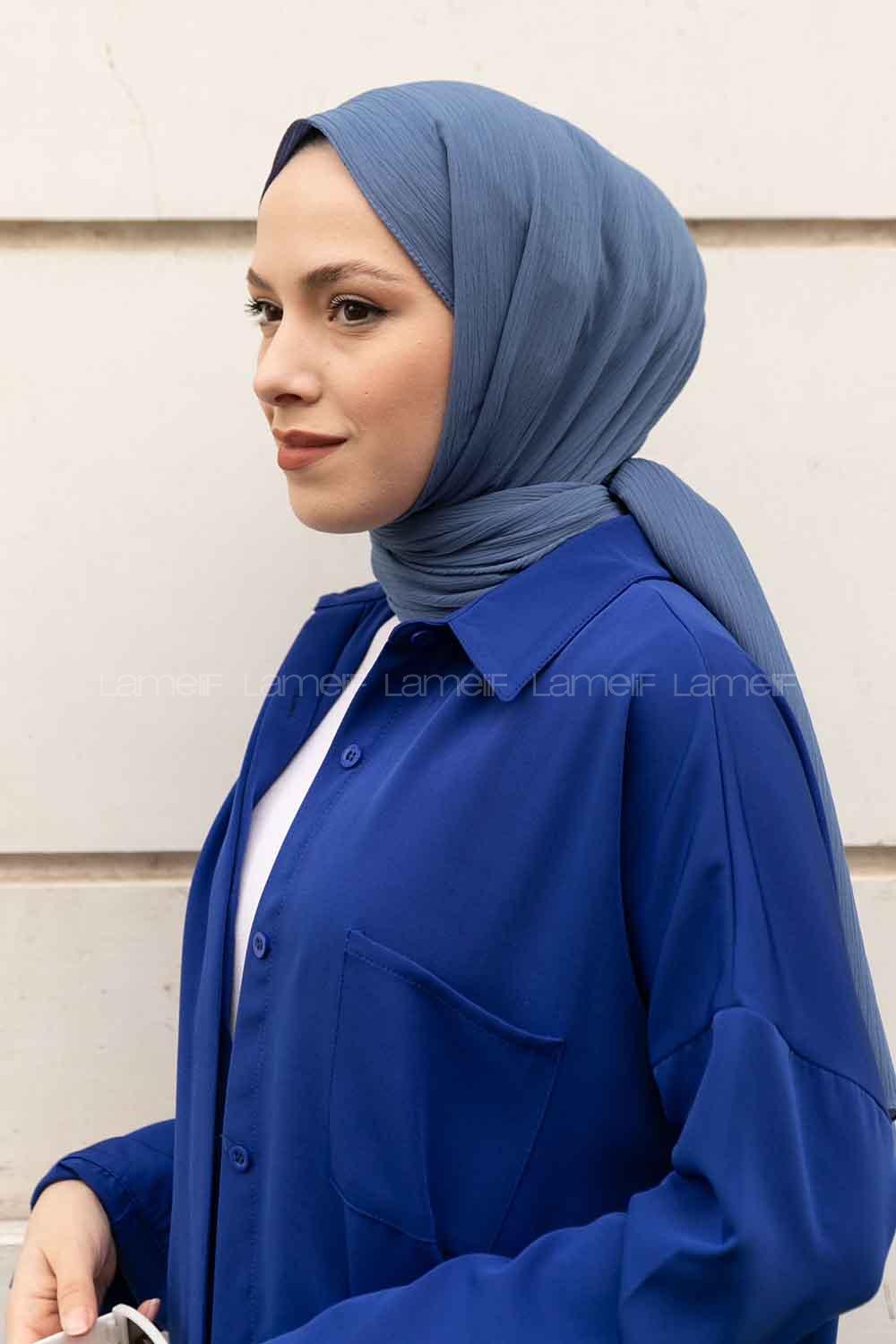 Denim Blue Cotton Fabric Striped Shawl