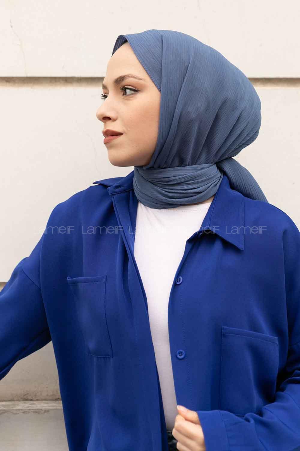 Denim Blue Cotton Fabric Striped Shawl
