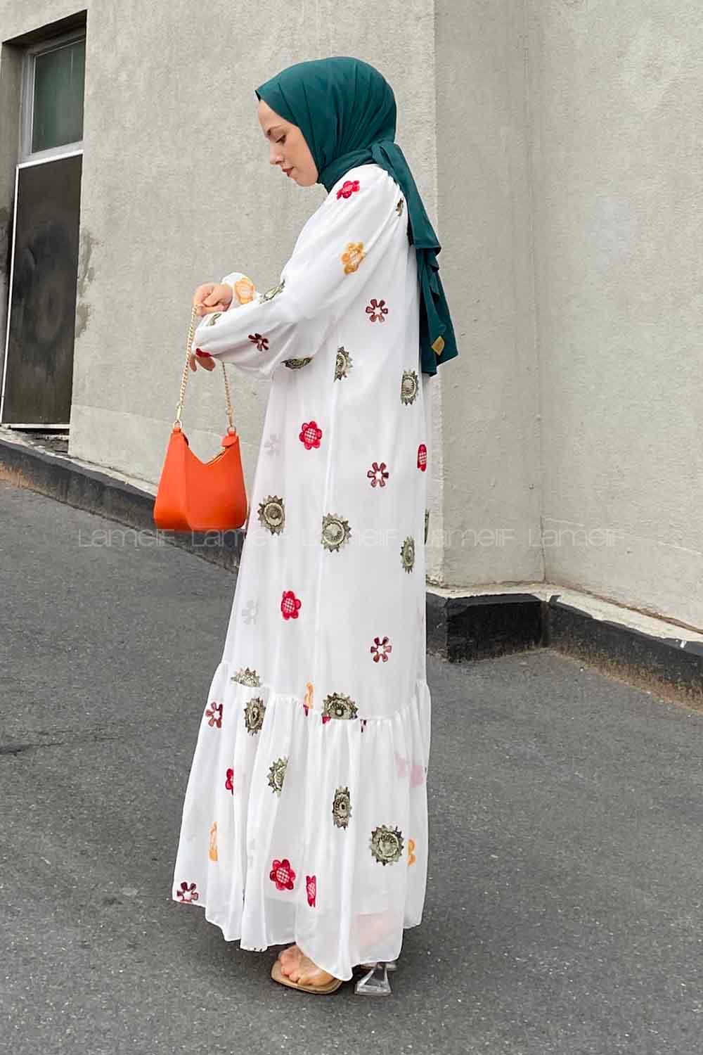 Modalamelif Hasır Kemerli Nakışlı Elbise Beyaz