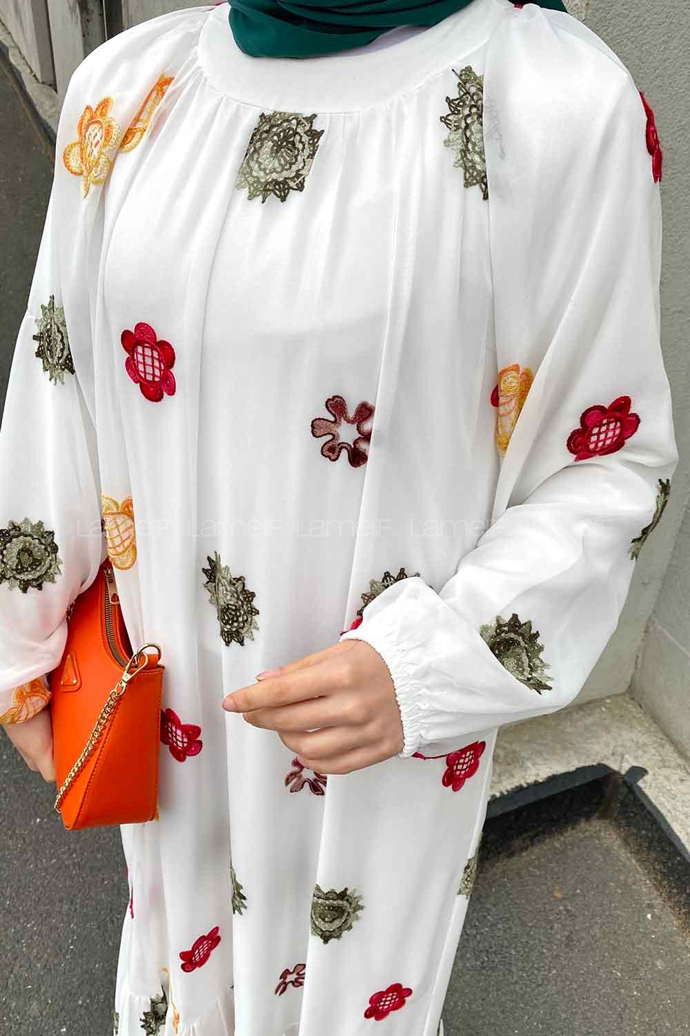 Modalamelif Hasır Kemerli Nakışlı Elbise Beyaz