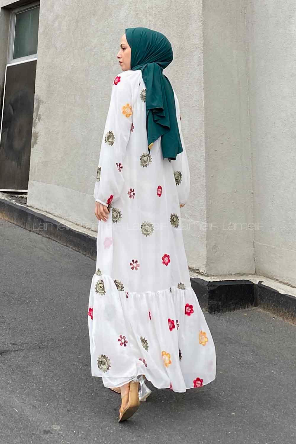 Modalamelif Hasır Kemerli Nakışlı Elbise Beyaz