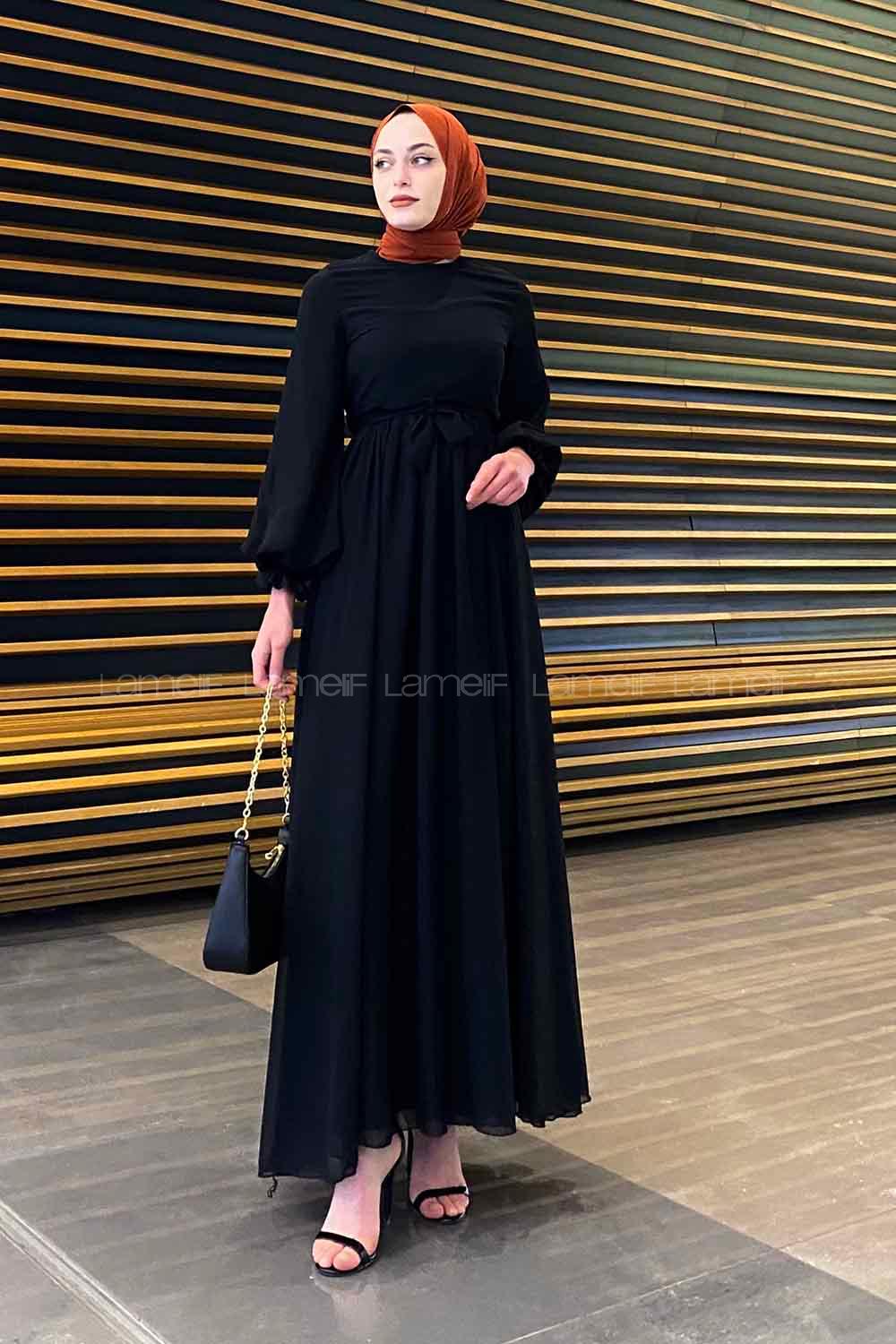 Lamelif Premium Beli Büzgü Kuşaklı Elbise Siyah