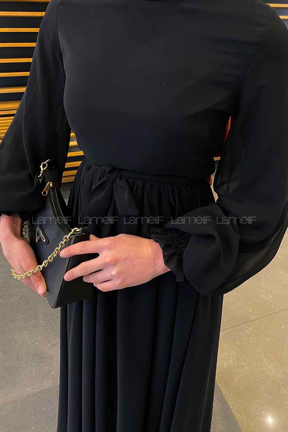 Lamelif Premium Beli Büzgü Kuşaklı Elbise Siyah