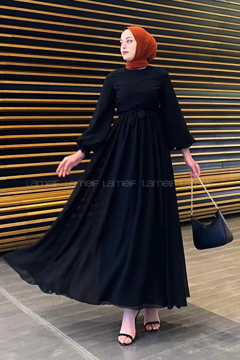 Lamelif Premium Beli Büzgü Kuşaklı Elbise Siyah