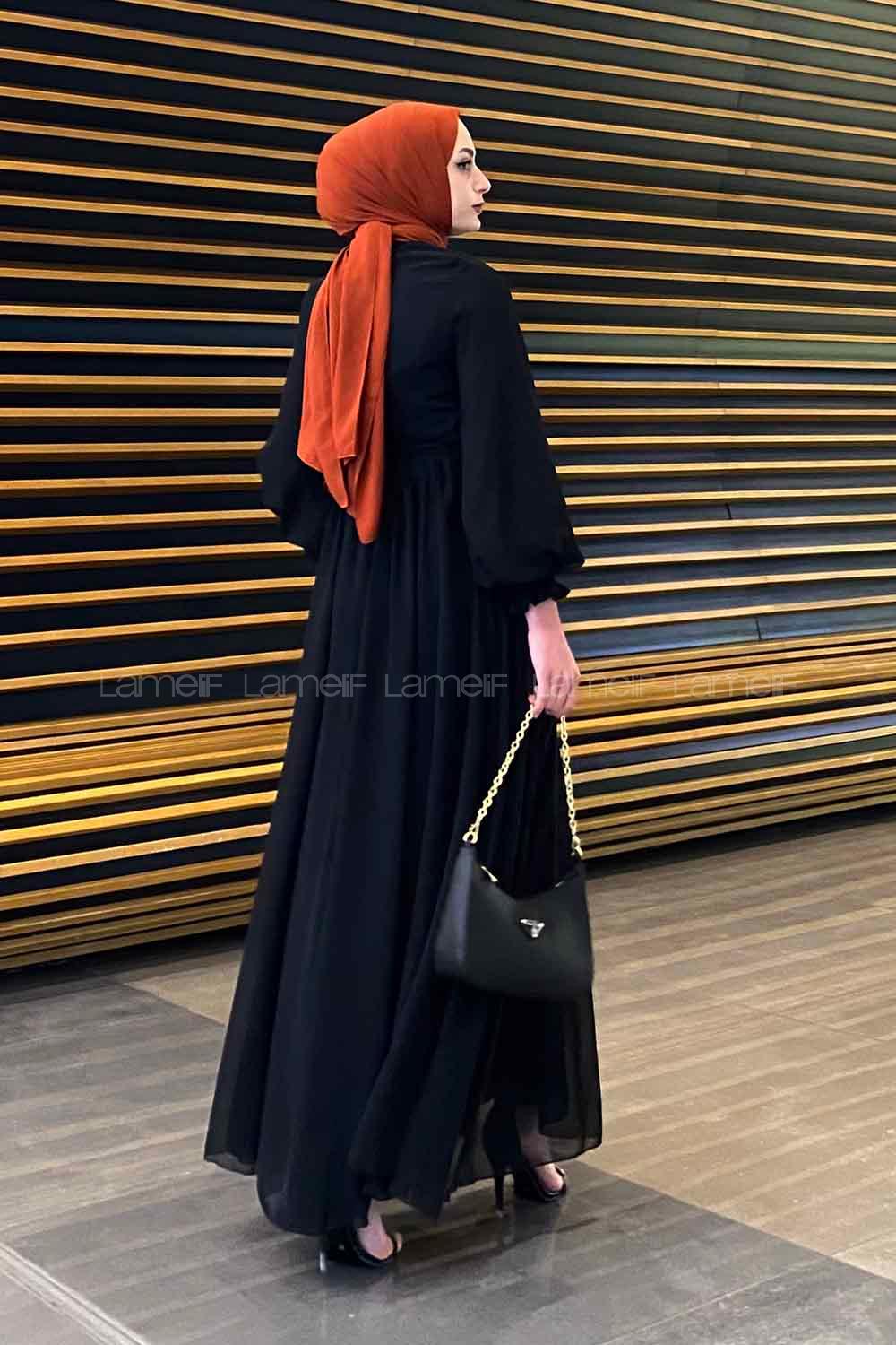 Lamelif Premium Beli Büzgü Kuşaklı Elbise Siyah