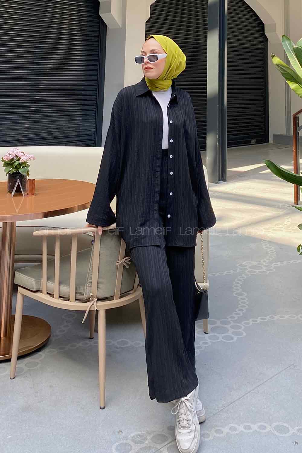 Lamelif İkili Gofre Tesettür Takım Siyah