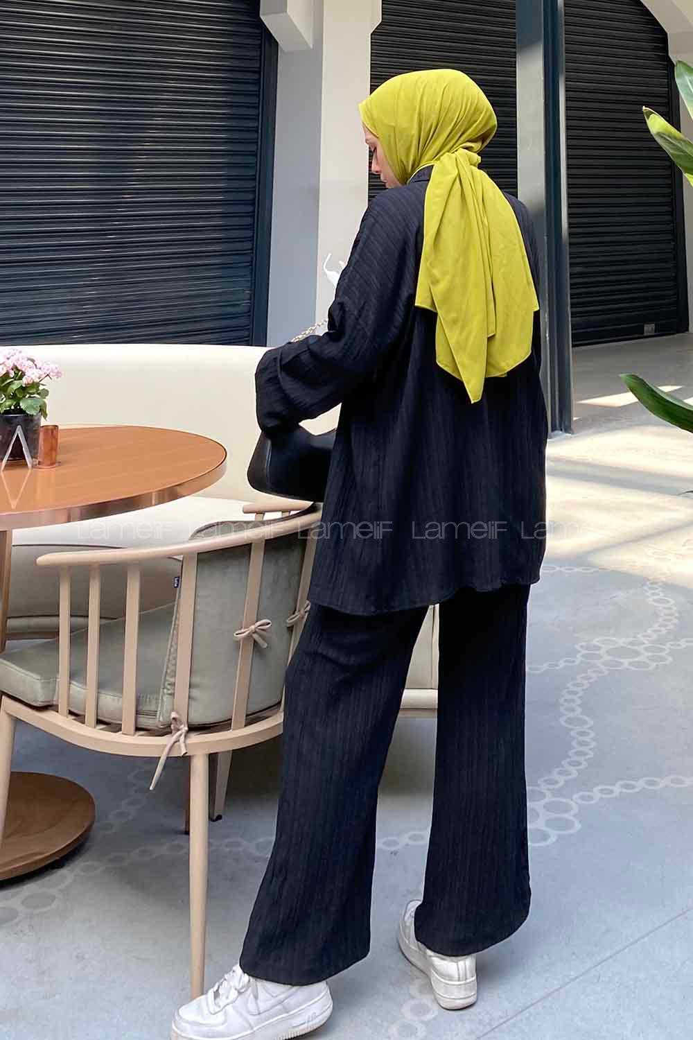 Lamelif İkili Gofre Tesettür Takım Siyah