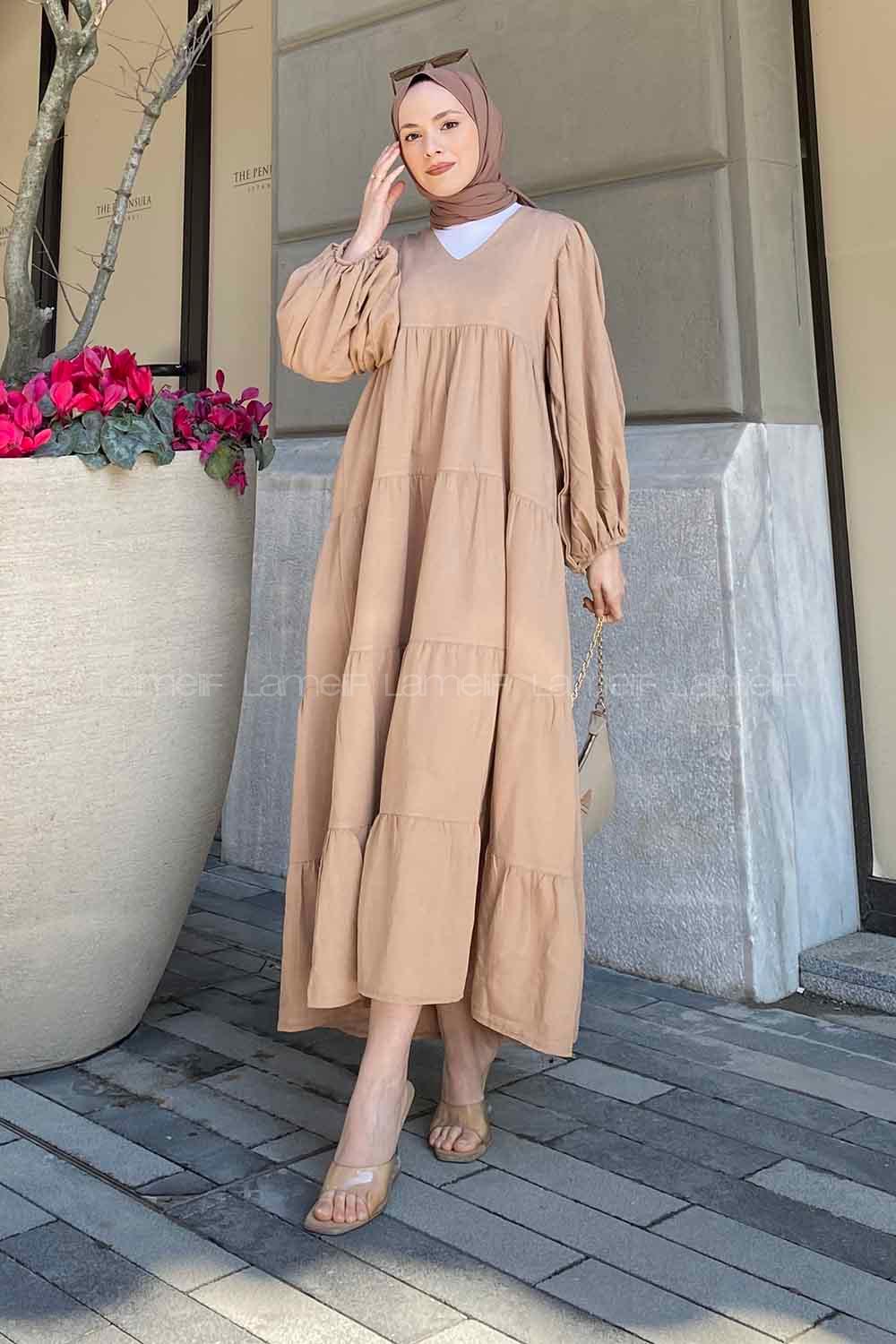 Modalamelif Kat Volanlı Balon Kol Elbise Camel