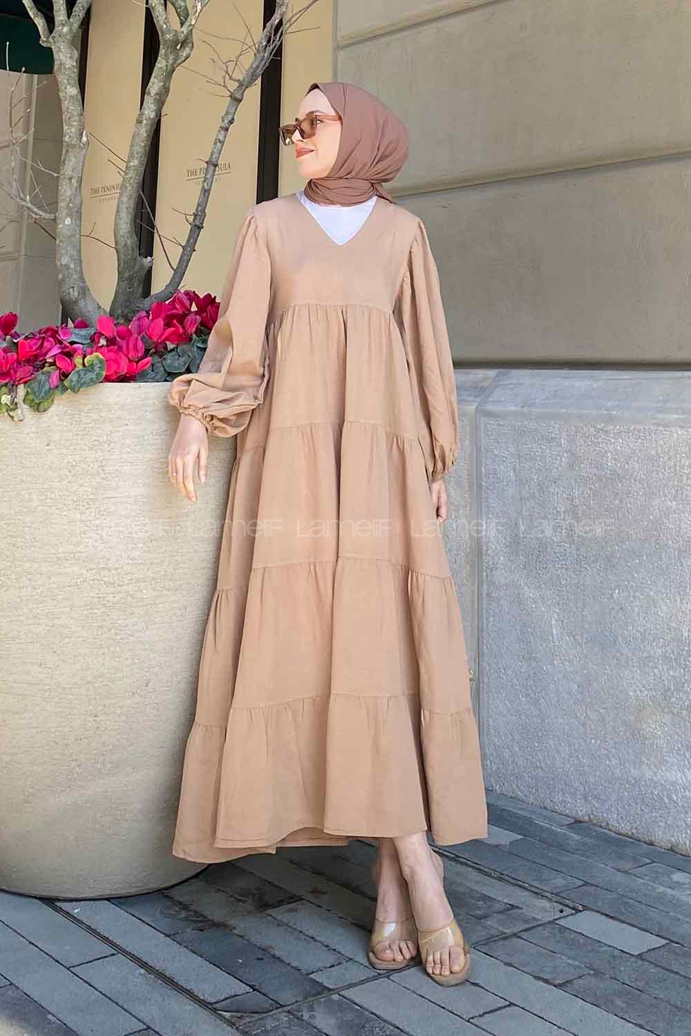 Modalamelif Kat Volanlı Balon Kol Elbise Camel