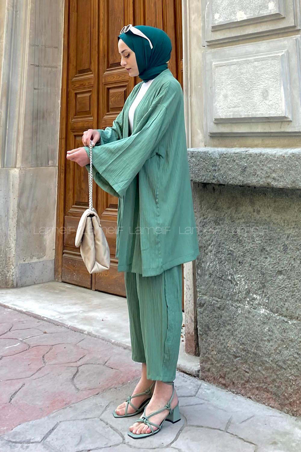 Lamelif Kimono İkili Tesettür Takım Çağla Yeşili