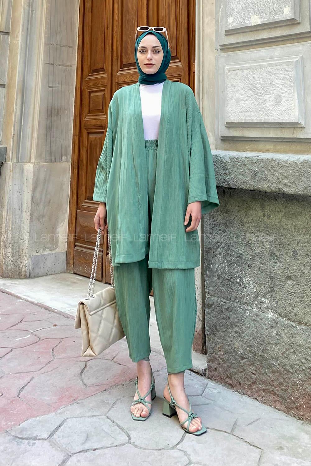 Lamelif Kimono İkili Tesettür Takım Çağla Yeşili