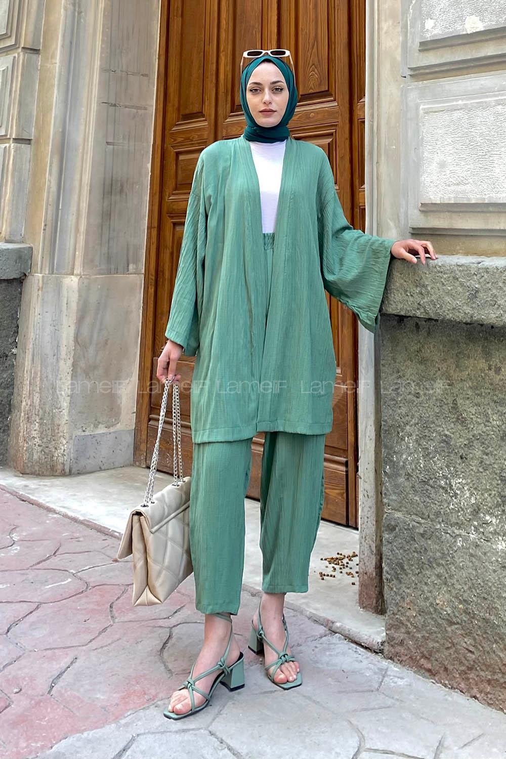 Lamelif Kimono İkili Tesettür Takım Çağla Yeşili