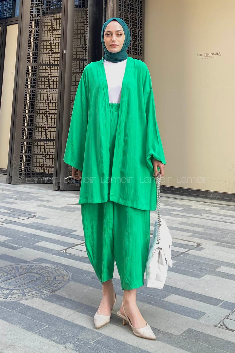 Lamelif Kimono İkili Tesettür Takım Yeşil