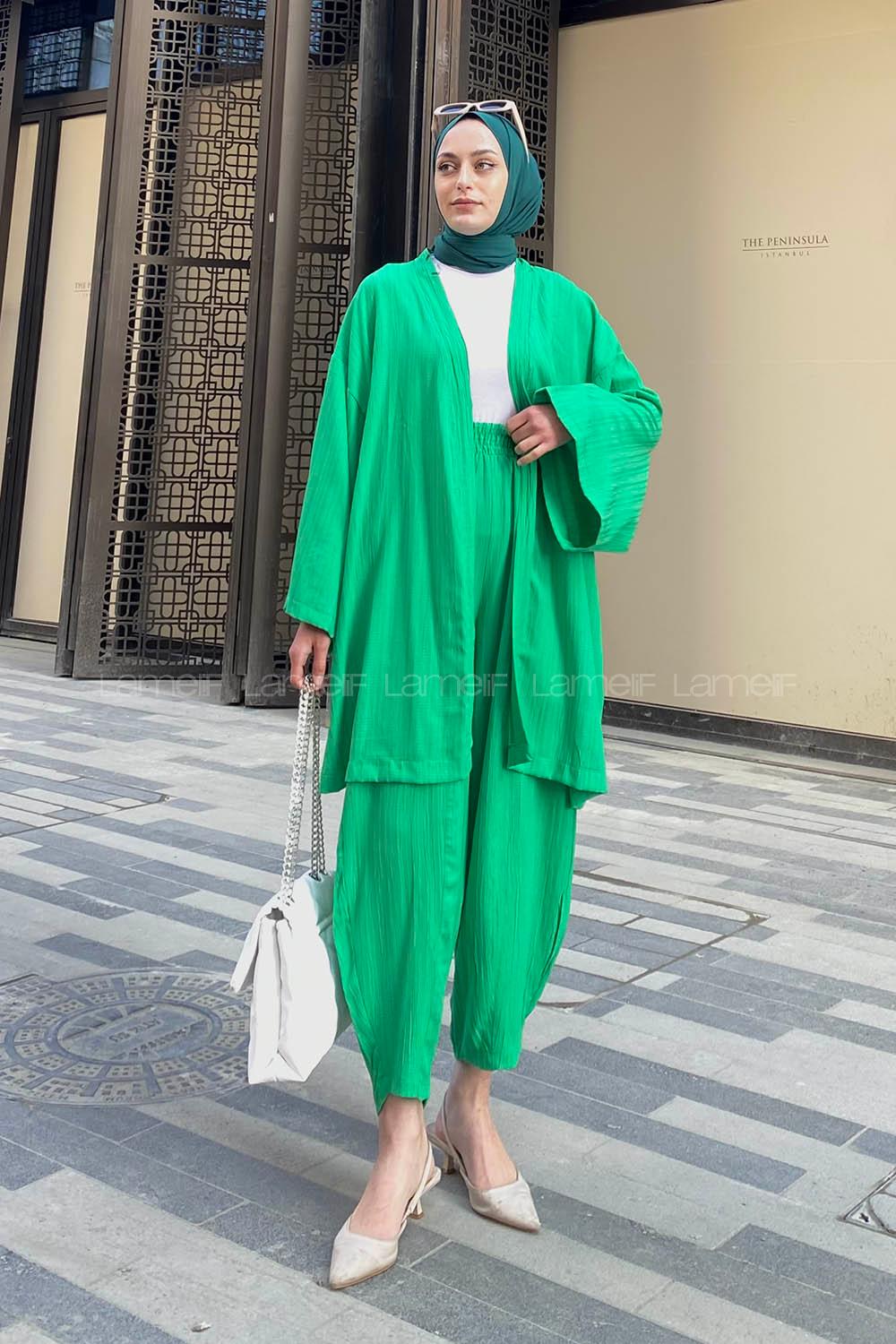 Lamelif Kimono İkili Tesettür Takım Yeşil