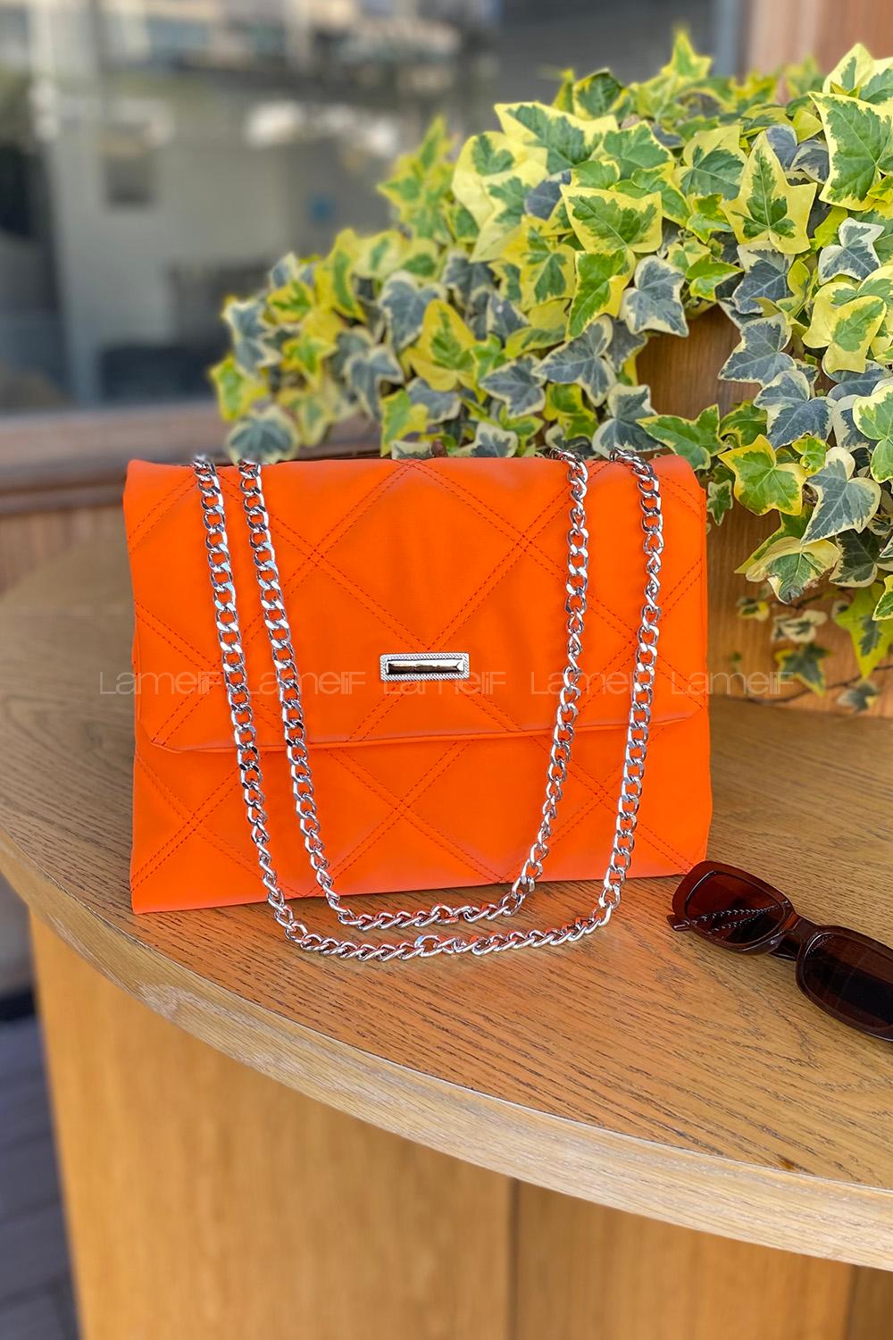 Lamelif Zincir Askılı Kapitone Desen Kadın Çanta Turuncu