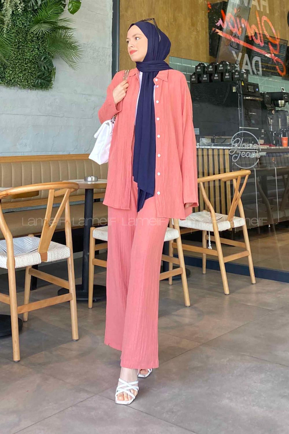Lamelif İkili Gofre Tesettür Takım Pembe