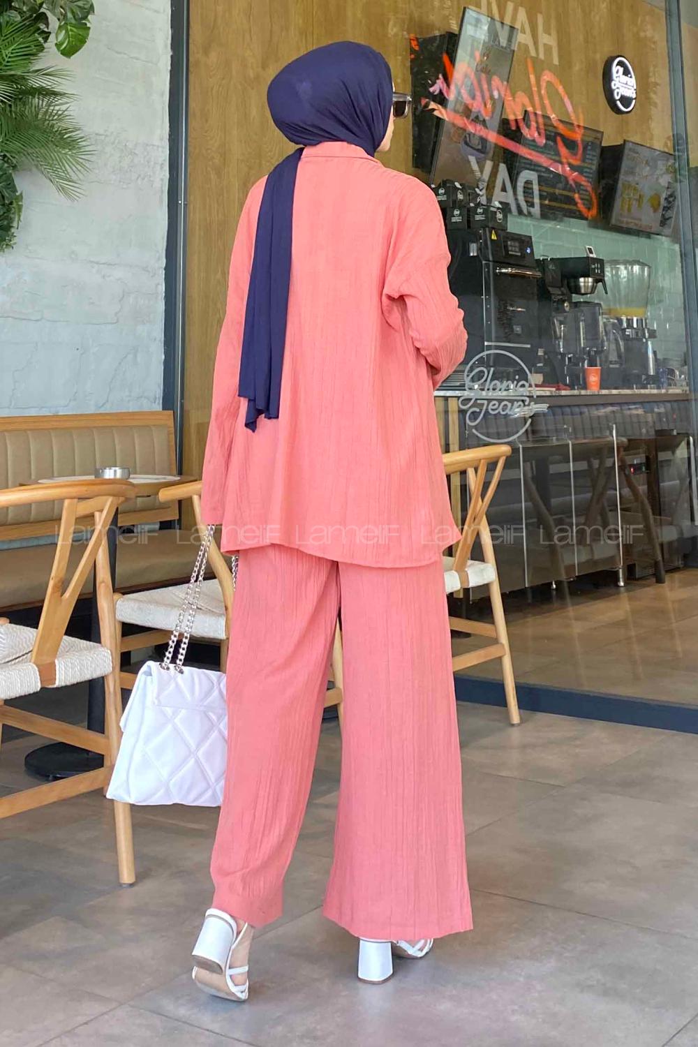 Lamelif İkili Gofre Tesettür Takım Pembe