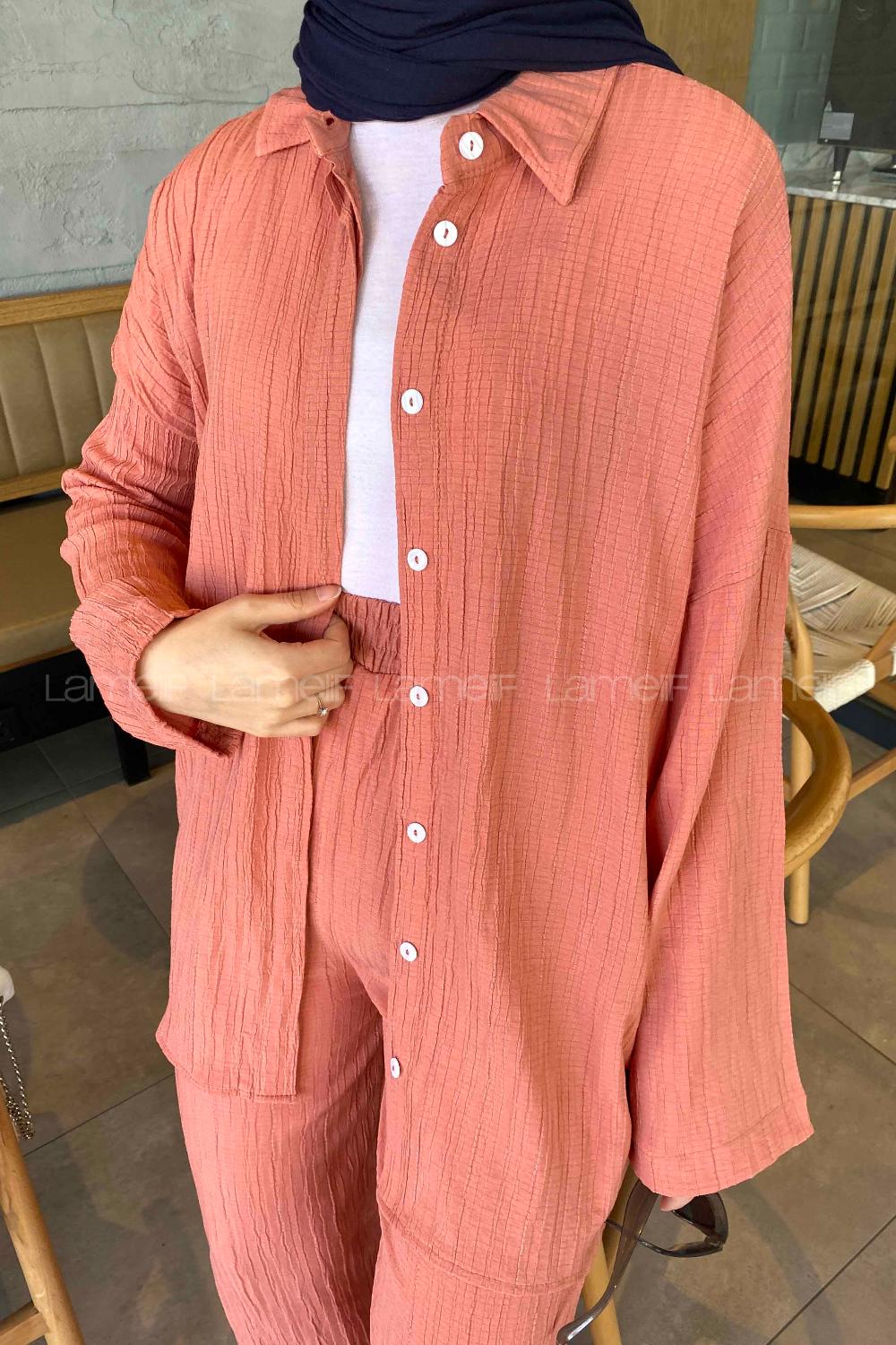 Lamelif İkili Gofre Tesettür Takım Pembe